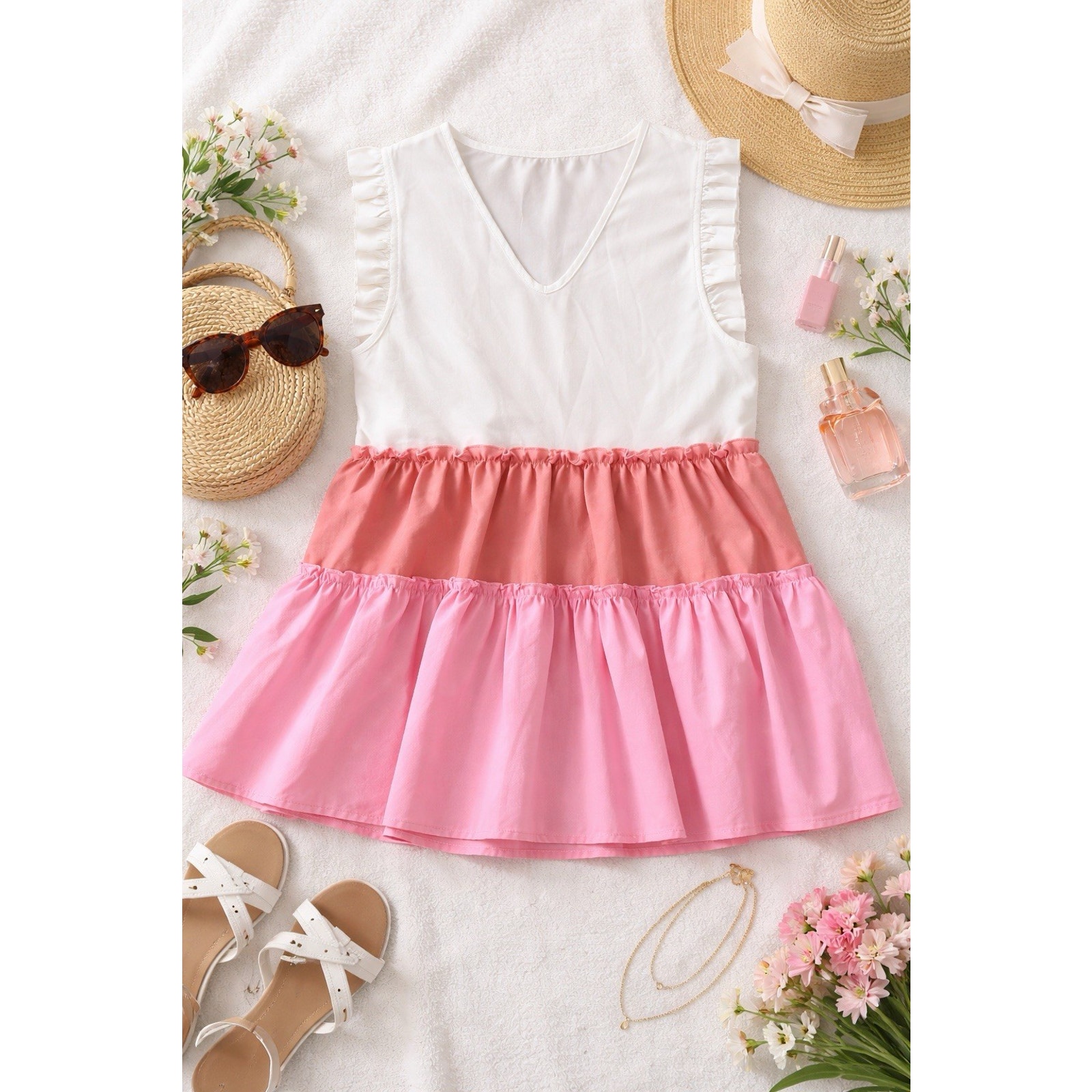 Shein Tiered Color Block Babydoll Blouse Pink White Women Xl